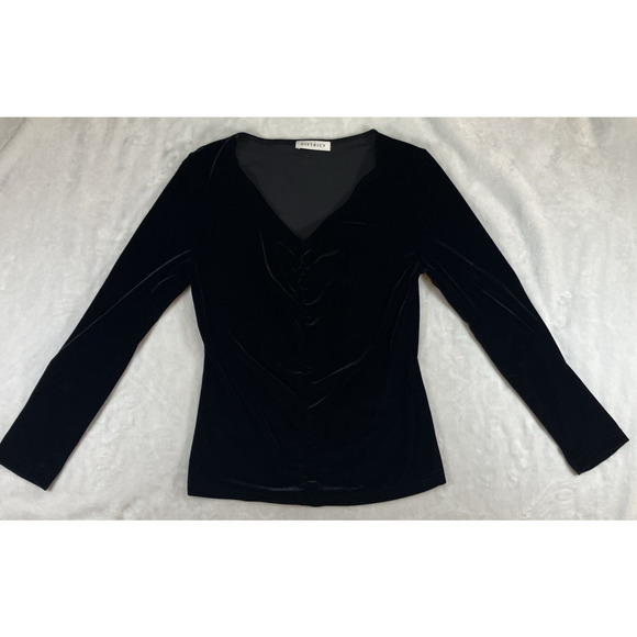 Black Velvet Long Sleeve Blouse Witchy Goth Vampire Whimsy V-Neck Pleated Medium - Picture 3 of 9